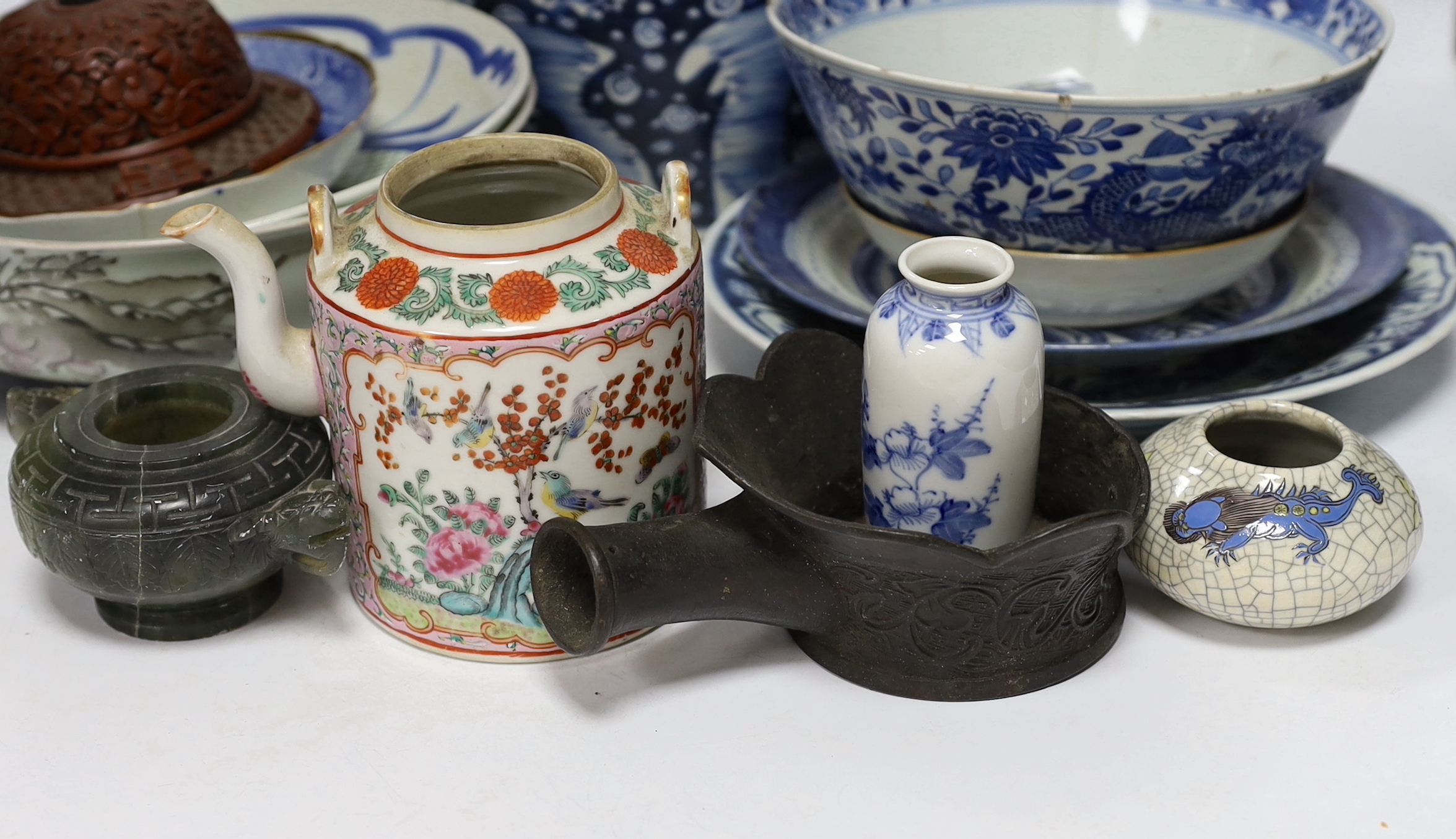 A Chinese blue and white jar and a soapstone figure, 31cm high